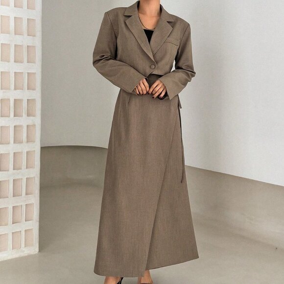 Brown Preppy Womens Women's Solid Color Slim Fit Double Breasted Blazer - Picture 4 of 5